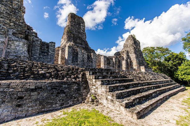 Ancient Mayan temple stairs close up view with three pyramids in Xpujil, Mexico